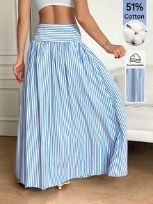 SHEIN Tall Rok Lipit Bergaris Kasual Serbaguna untuk Wanita, Cocok untuk Sehari-hari - Blue and White - View 2