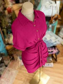 EMERY ROSE Vestido camisa de manga corta con cuello, abotonadura sencilla y cintura con lazo - Rosa Fucsia - Ver 4