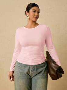 Freevana Plus Size Women's Black Long Sleeve Crew Neck Thermal Base Layer, Ruched Waist T-Shirt - Pink - View 4