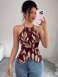 Elenzga 女款夏季優雅通勤酒紅紅杉色珠飾裝飾V領不對稱下擺交叉繫帶收腰掛脖上衣 - 彩色 - 查看 5