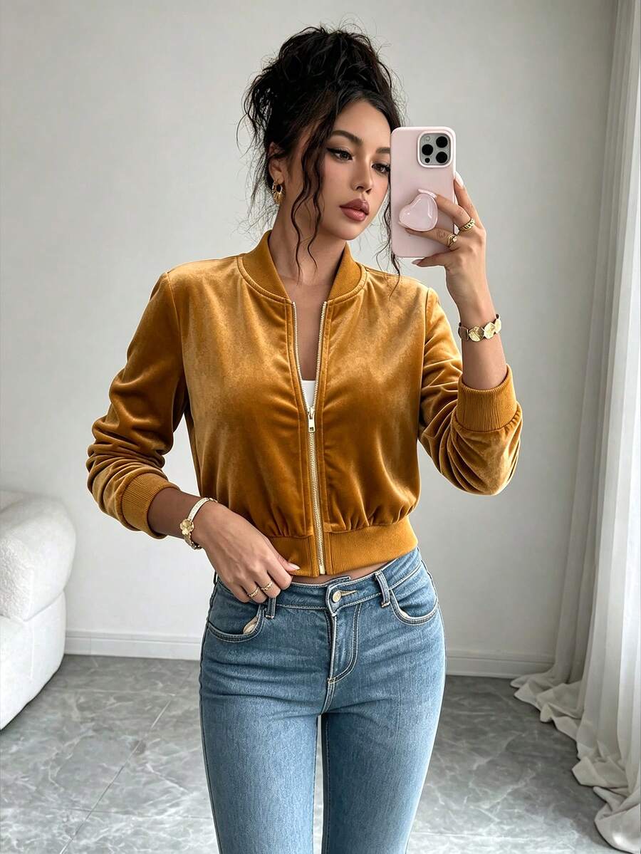 Elenzga 女款秋季天鵝絨舒適通勤夾克外套休閒派對款 - 金色 - 查看 1