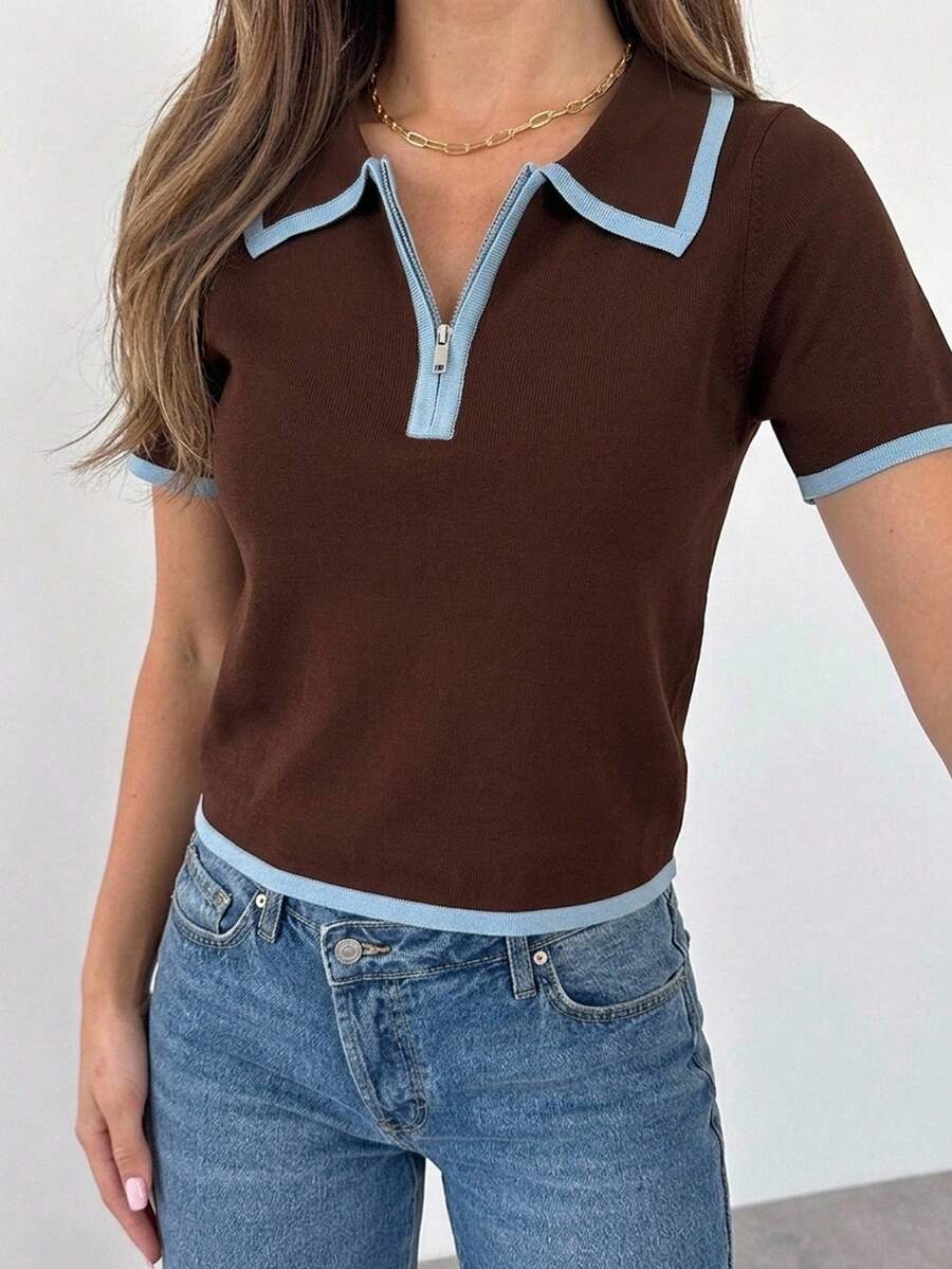 Firerie Top a maniche corte in maglia casual versatile da donna con blocchi di colore per uso quotidiano - Castano - Visualizzare 1
