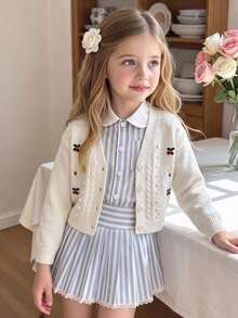 SHEIN Vintaside Kids 新款時尚女童大童可愛3D圖案素色長袖開襟針織衫 - 米色 - 查看 8