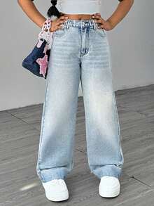 SHEIN Tween Girl Casual Streetwear Washed Light Blue Wide Leg Jeans Summer School House - Blue - View 3