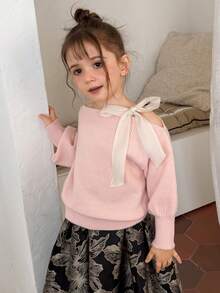 Dazy Kids Young Girl Autumn/Winter Elegant Asymmetrical Collar Tie Sweater - Pink - View 5