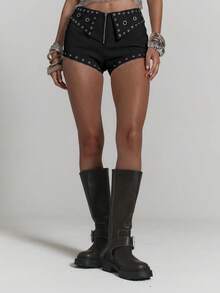 MUSERA Eyelet Zip Front Micro Short Sexy Punk Summer Spring Rave Concert Clubbing Festival Halloween Party Going Out Serpent Black - Black - View 2