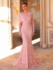 Aureia Elegante vestido de noche formal rosa empolvado con encaje, manga larga, capa asimétrica drapeada, cristales con cuentas, flores 3D, cuello barco, cola de sirena, para banquete y boda - Rosa Pálido - Ver 3