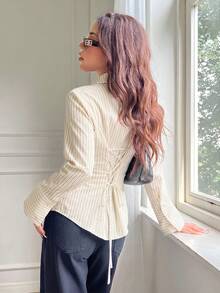 SHEIN EZwear 女款休閒修身長袖襯衫，腰部綁帶設計，條紋襯衫，女款通勤穿搭，女款秋冬服飾 - 彩色 - 查看 4