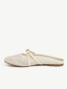 CUCCOO CHICEST Small Round Toe Flat Bottom Apricot Lace Mesh Bow Women's Low Vamp Flat Bottom Shoes Mules Shoes Light, Comfortable, Fashionable - 2025 net No. 3 apricot color - View 4