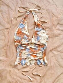 Soleia 新款性感浪漫花卉刺繡露背繫帶掛脖上衣，適合度假、約會、夜店、波希米亞風、復古、假日穿搭 - 橘色 - 查看 2