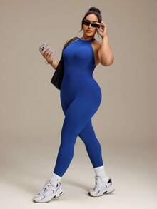 SHEIN Rhythm Era Jumpsuit Olahraga Wanita Ukuran Plus Tanpa Jahitan Warna Biru dengan Detail Garis-garis di Bagian Belakang - Navy Blue - View 5