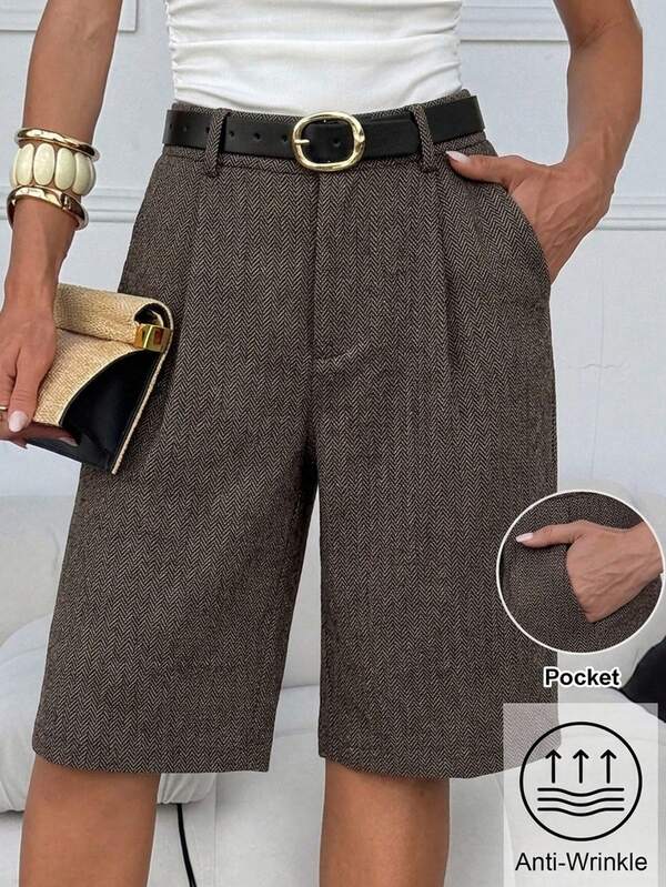 Lavishia Herringbone Pattern Pocket Elegant Casual Commute 5-Inch Shorts Business Office Work Brown Summer