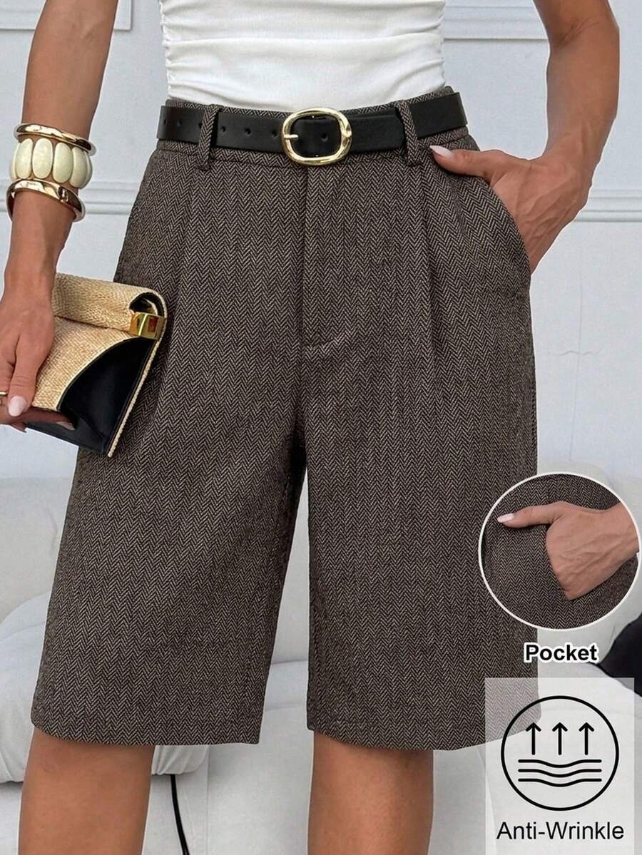 Lavishia Herringbone Pattern Pocket Elegant Casual Commute 5-Inch Shorts Business Office Work Brown Summer - Khaki - View 1