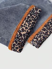 ROMWE J-Fashion Celana Capri Denim Motif Leopard Retro Pinggang Rendah Gaya Y2K dengan Patchwork Bulu Imitasi - Biru - View 4