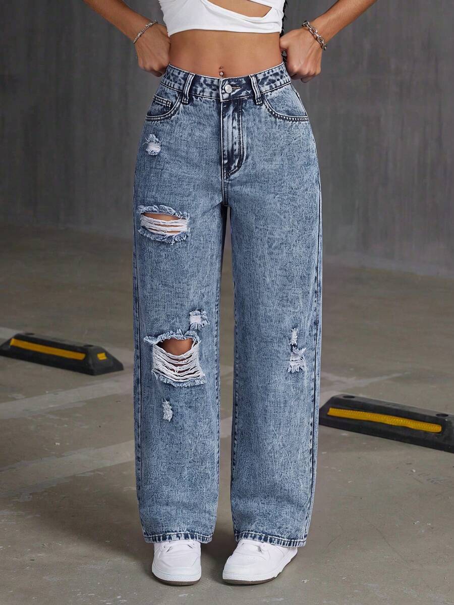 SHEIN PETITE 女款口袋磨損直筒寬鬆休閒百搭牛仔褲 - 深色水洗藍 - 查看 1
