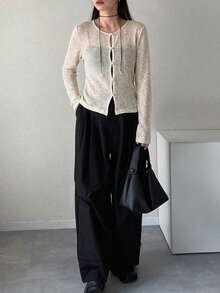 FRIFUL Women's Casual Versatile Solid Color Front Button Top Long Sleeve - Apricot - View 4