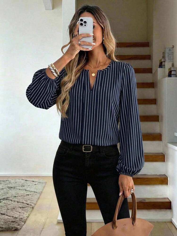 SHEIN LUNE Kemeja Wanita Minimalis Kasual Motif Garis-Garis, Cocok untuk Musim Semi dan Gugur - MultiWarna - View 1