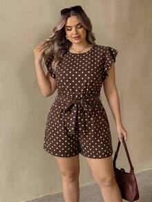 SHEIN CURVE+ Plus Size Women Brown Polka Dot Flutter Sleeve Shorts 2 Pieces Set, Casual Comfortable Outfit For Autumn/Winter - Multicolor - View 7