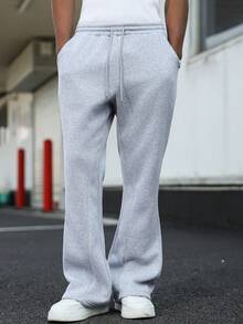Major Grit Men's Plus-Size Grey Casual Autumn Sweatpants, Street-Style Loose Joggers, Y2K Retro Flared Pants - Light Grey - View 7