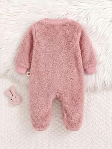SHEIN 新生兒嬰兒花卉貼花刺繡毛絨連身長褲 - 粉色 - 查看 5