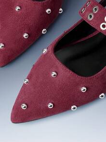 CUCCOO GRLICON Burgundy Velvet Pointed Rivets Rear Strap Flat-Soled Shoes Women's Retro Versatile And Thin Mary Jane Shoes Fall Shoes - Burgundy - View 5