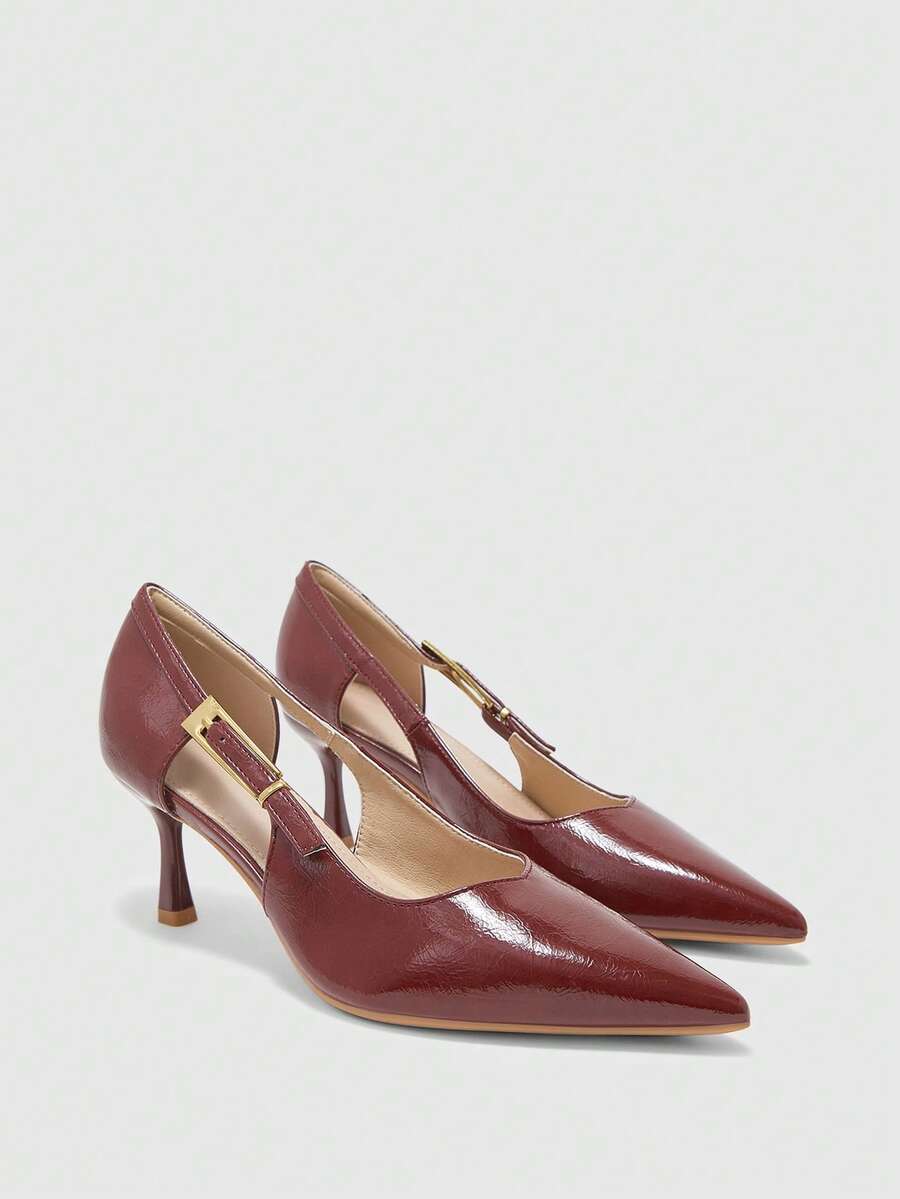 CUCCOO BIZCHIC Women's Fashion Gold Button Pointed Heel High Heel Shoes Fall Shoes - Burgundy - View 1