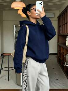 青少年女孩休閒簡約長袖連帽寬鬆加厚衛衣，適合秋冬穿著 - 藍色 - 查看 5