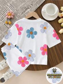 SHEIN 女童休闲时尚舒适简约花卉印花 T 恤和短裤套装，春夏 - 彩色 - 查看 2