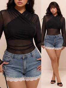 CovetEZ Summer/ New Sexy Country Solid Color Mesh Bodycon Plus Size Bodysuit Rave Cocktail Black - Black - View 1