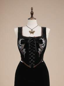 ROMWE Hippie Dark Divination Witch Style Star Moon Forest Vine Embroidered Plus Size Cinched Waist Velvet Tank Top - Black - View 1