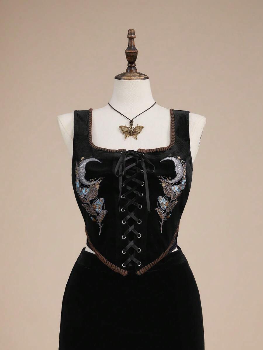ROMWE Hippie Dark Divination Witch Style Star Moon Forest Vine Embroidered Plus Size Cinched Waist Velvet Tank Top - Black - View 1