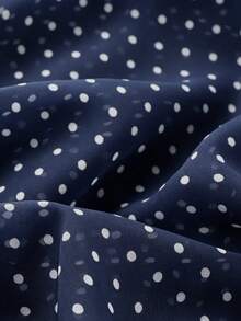 SHEIN French Polka Dot Stand Collar Frill Trim Short Sleeve Chiffon Blouse, Sweet Ruffle Short Sleeve Shirt Top - Navy Blue - View 5