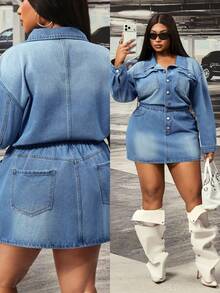 Slaydiva Gaun Bodycon Biru Non-Stretch untuk Wanita Ukuran Plus Model Cowgirl Outfit - Light Wash - View 8