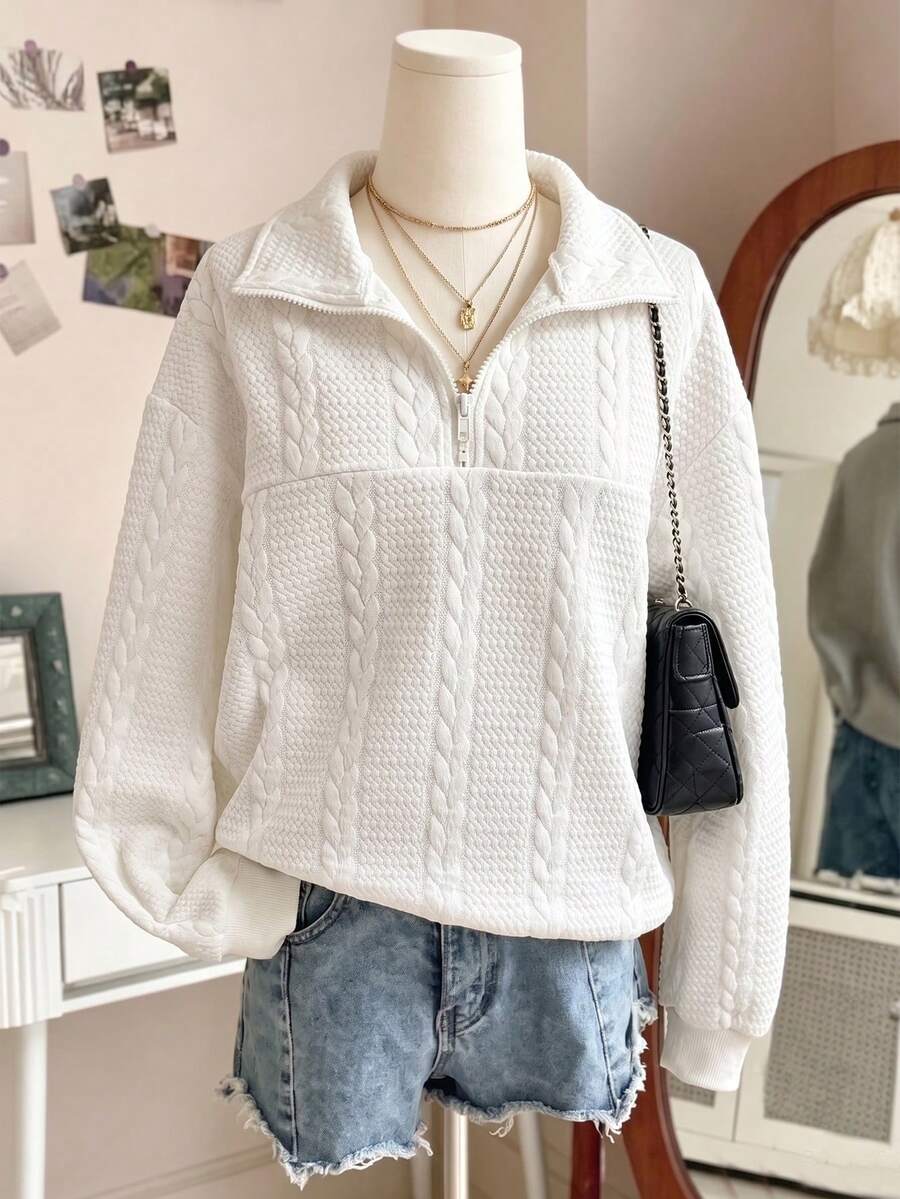 SHEIN Sparklyn 青少年女孩白色半拉鍊領上衣 3D 粗針編織紋理 羅紋下擺 寬鬆簡約休閒 Clean Girl 風格 適合畢業 大學 秋季 - 白色 - 查看 1