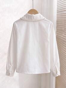 SHEIN 兒童青少年女孩秋冬休閒學院風精緻珠飾大翻領長袖珍珠鈕扣前開白色襯衫，返校襯衫，小學校服上衣 - 白色 - 查看 4