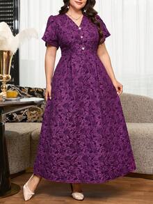 Reflora Plus Size Women's Jacquard V-Neck Petal Short Sleeve Elegant Dress - Ginger - View 6