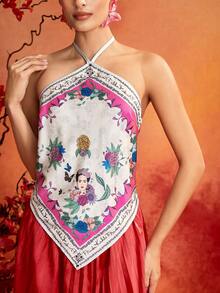 Glamance Frida Kahlo X SHEIN Portrait Print Scarf Neck Backless Top Tank Top Waist-To-Hip Ratio Elegant Mature Casual Sexy Outing Work Office Daily Gathering Party Birthday Vacation Middle East Travel Beach Swimwear Night Out Bohemian Summer - White - View 4