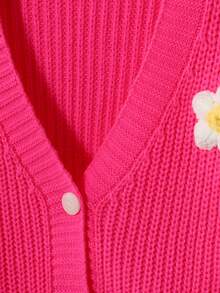 Elladie kids 女童 3D 花卉刺繡鈕扣長袖針織開襟衫 - 玫紅色 - 查看 3