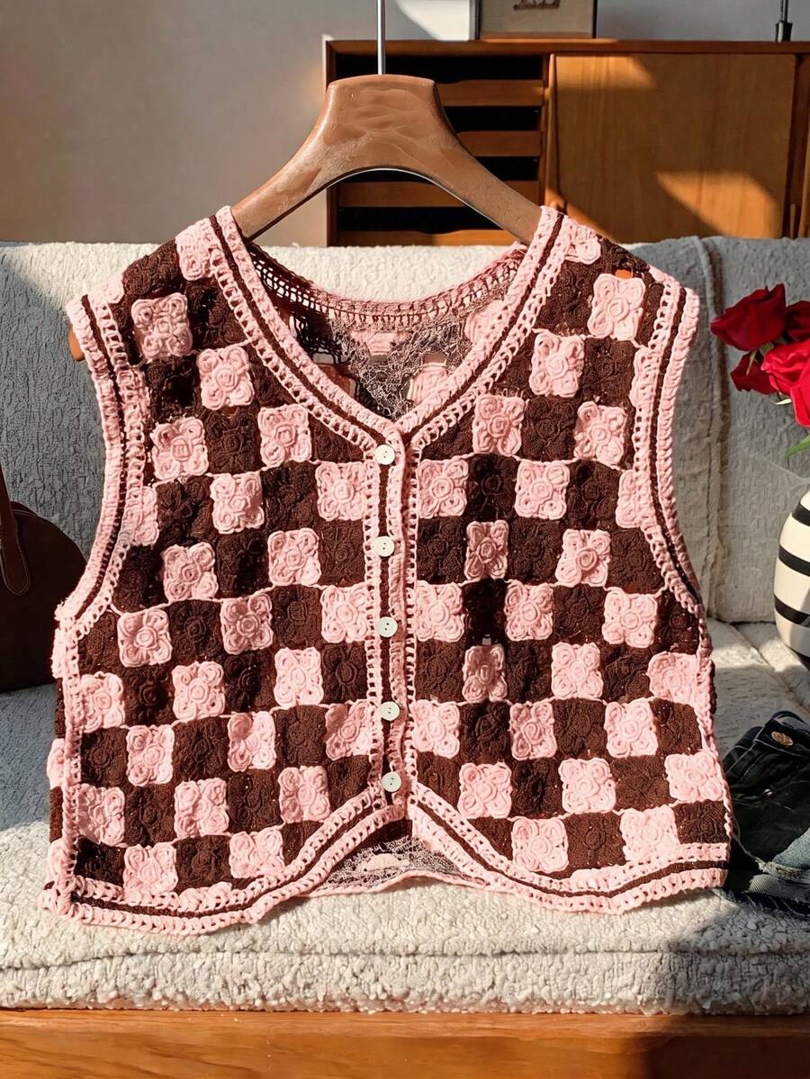 Comfortcana Checkered Pattern Asymmetrical Hem Button Up Sweater Vest ...
