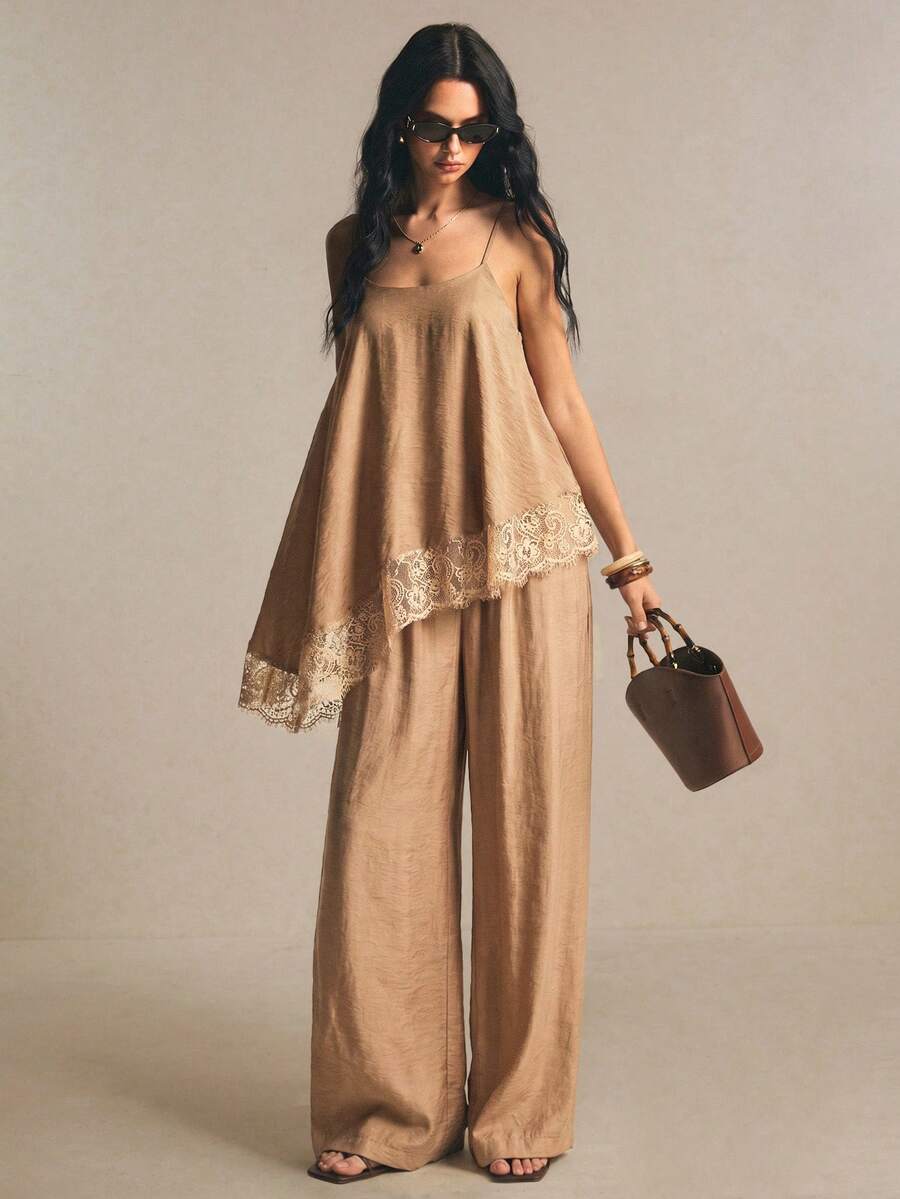Poéselle 女款蕾絲拼接細肩帶上衣與長褲休閒優雅波希米亞風日常2件套度假棕色與米色夏季 - 卡其色 - 查看 1