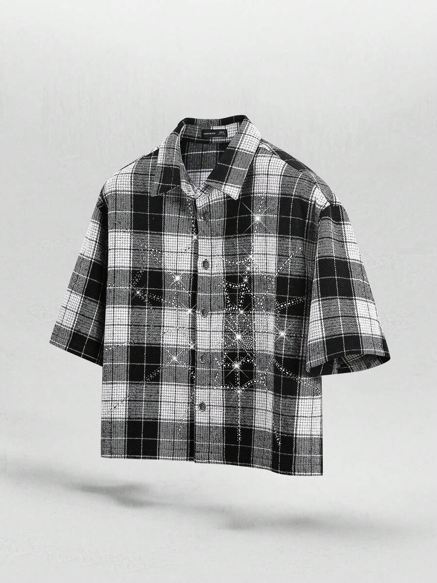NEON BLANC Men's Rhinestone Spider Web Plaid Short Sleeve Single-Breasted Shirt - Black and White - View 1