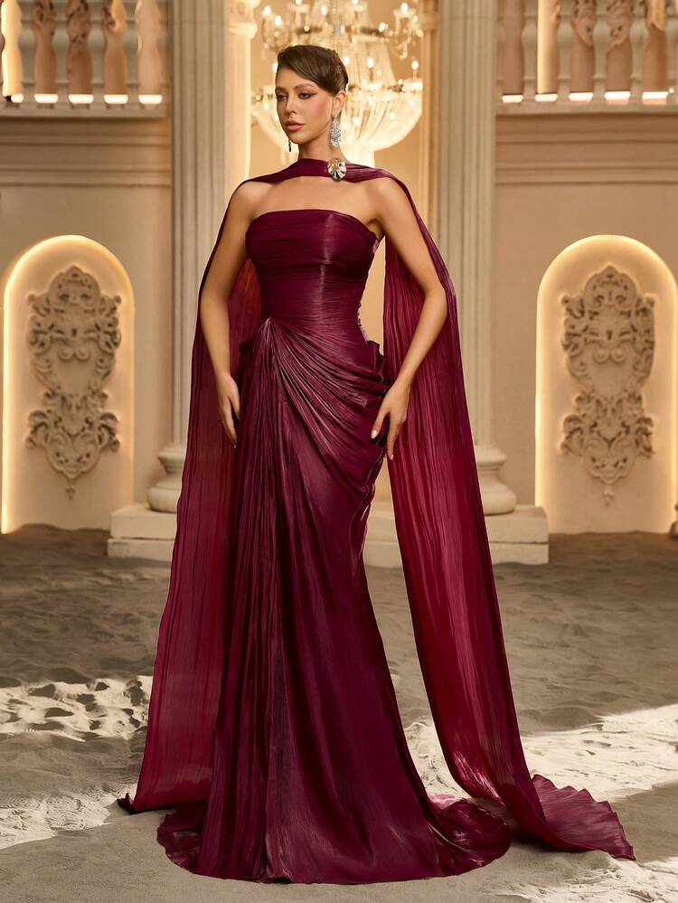 bachelorette party dress for bridesmaid Glamrae Elegant Romantic Fashion Sexy Burgundy Organza Fabric Ruched Decor Shawl Metal Decoration Mermaid Hemline Elegant Party Vacation Birthday Wedding Guest Dress Party Dress Dress Formal Evening Gown Color:Black 3 quality materials U25_D4-D5 Backless Dress Facial Reston