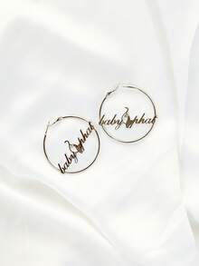 BABYPHAT Logo Large Hoop Earrings Statement Script Brand Charm Circle Drop Fashion Jewelry - Silver - View 2