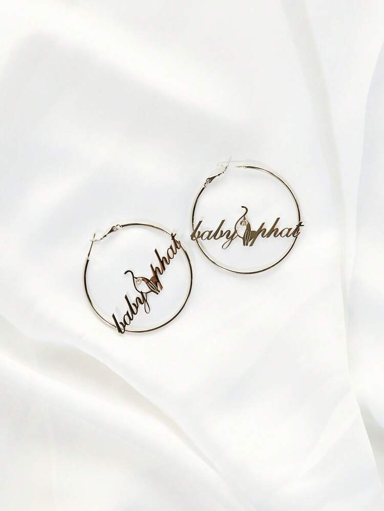 BABYPHAT Logo Large Hoop Earrings Statement Script Brand Charm Circle Drop Fashion Jewelry - Silver - View 2