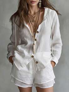 Glimmora Women's Hooded Shirt And Shorts 2 Pieces Set - White - View 9