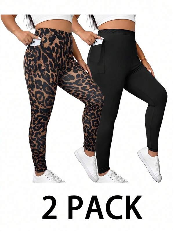 SHEIN Essnce Plus Size Women's Spring/Autumn Fashion Casual Elastic Comfortable Daily All-Match Versatile Slimming Black And Leopard Print Leggings 2pcs Set, Women's Bottoms, Autumn Outfit, Autumn Leggings, Curve-Flattering Pants