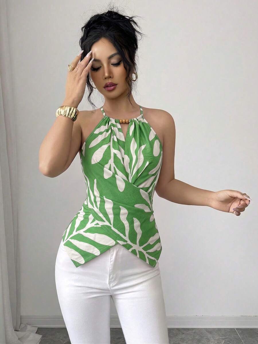 Elenzga 女款夏季優雅熱帶休閒綠葉印花無袖掛脖蝴蝶結領口不對稱腰部交叉綁帶背心上衣 度假海灘風 - 綠色 - 查看 1
