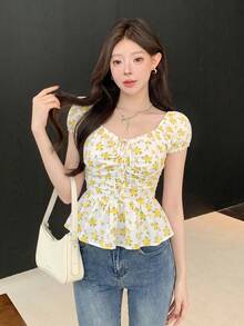 K-Vae 女款春夏休閒韓風小碎花抓皺腰花瓣袖通勤百搭溫柔短袖襯衫 - 黃色 - 查看 3