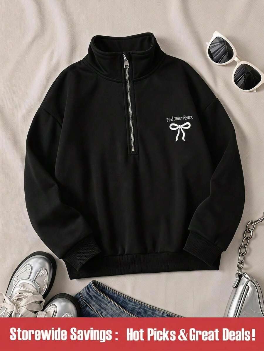 SHEIN 少女休闲百搭度假卫衣,黑色宽松半拉链卫衣,适合秋冬季穿着 - 黑色 - 查看 1