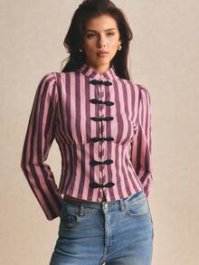 Poéselle Women's Street Fashion Striped Frog Button Long Sleeve Denim Top - Multicolor - View 4